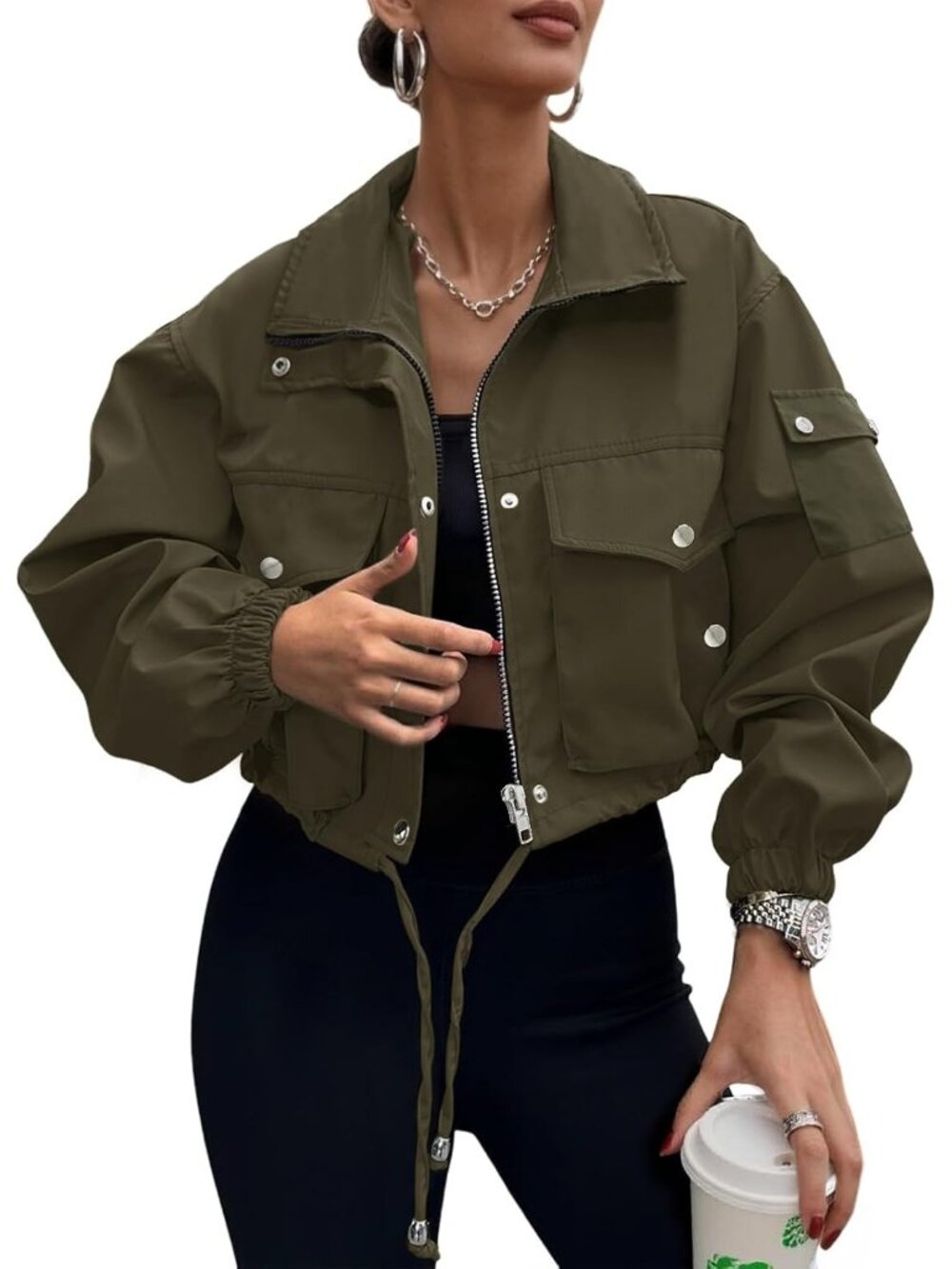 Women's Olive 100% Polyester Cropped Zip Up Cargo Utility Anorak Bomber Jacket